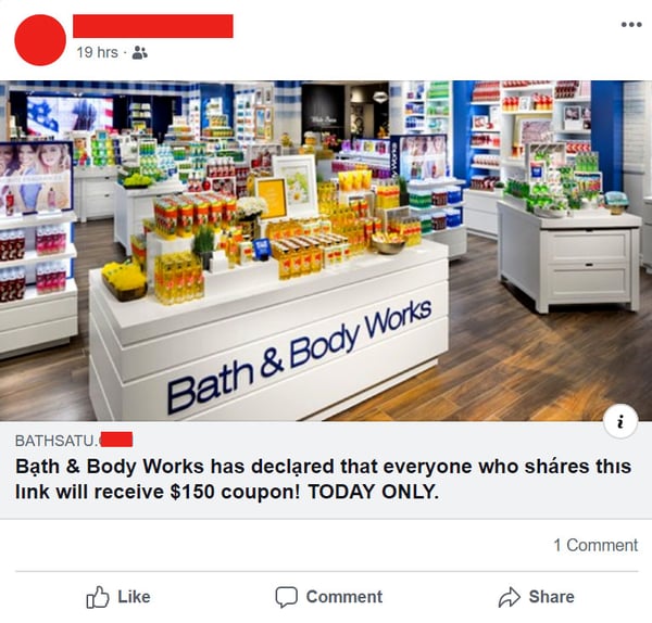 Example Bath & Body Works Coupon Scam on Facebook