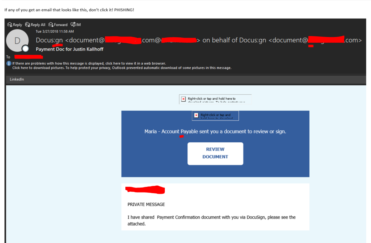 Phishing email posing as a docusign request