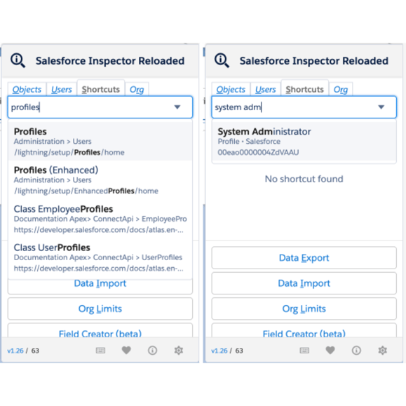 Profile and System Admin Shortcuts