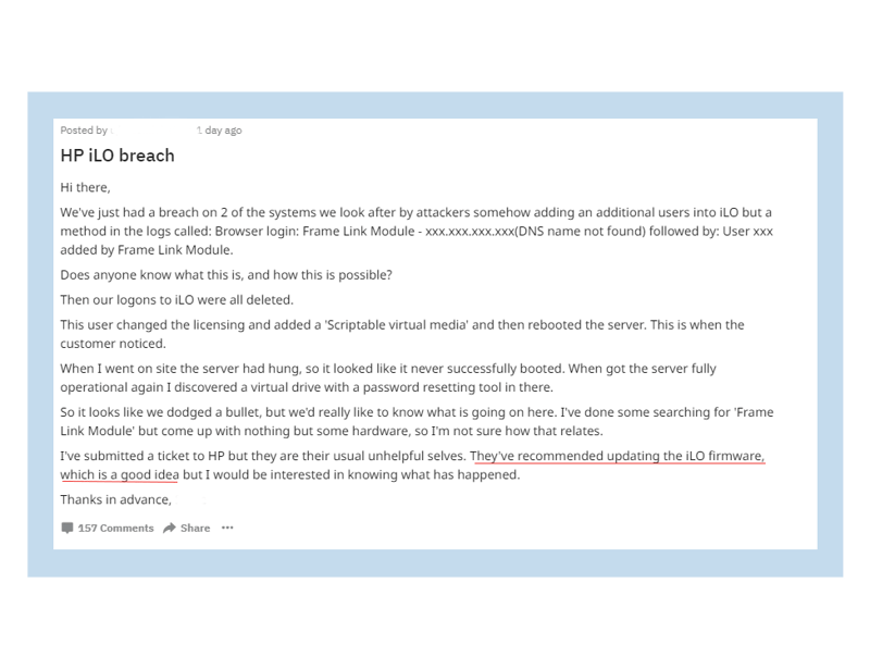 r-sysadmin post regarding HP iLO breach